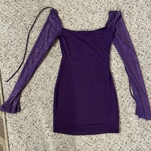 Purple tight fit formal dress with flowy sleeves